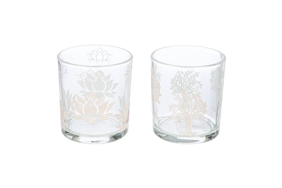 Φανάρι Καταιγίδας Cylindrical "Namaste" Δέντρο Motif Lotus Motif Yoga Motif Γυάλινο Brown Clear PU 18 Pcs. Assorted H. c