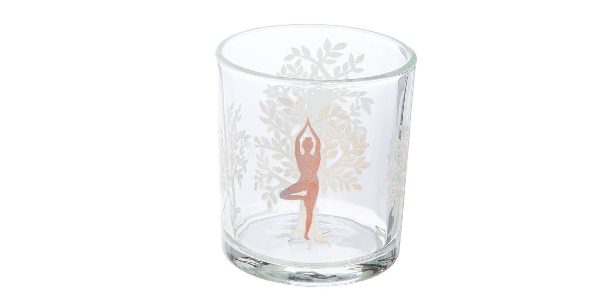 Φανάρι Καταιγίδας Cylindrical "Namaste" Δέντρο Motif Lotus Motif Yoga Motif Γυάλινο Brown Clear PU 18 Pcs. Assorted H. c