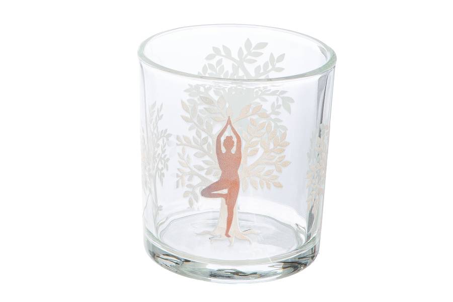 Φανάρι Καταιγίδας Cylindrical "Namaste" Δέντρο Motif Lotus Motif Yoga Motif Γυάλινο Brown Clear PU 18 Pcs. Assorted H. c