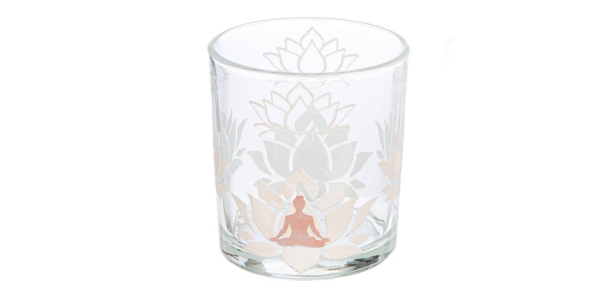 Φανάρι Καταιγίδας Cylindrical "Namaste" Δέντρο Motif Lotus Motif Yoga Motif Γυάλινο Brown Clear PU 18 Pcs. Assorted H. c