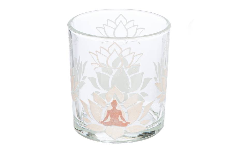 Φανάρι Καταιγίδας Cylindrical "Namaste" Δέντρο Motif Lotus Motif Yoga Motif Γυάλινο Brown Clear PU 18 Pcs. Assorted H. c