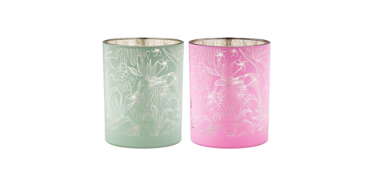 Φανάρι Καταιγίδας Cylindrical "Tropic" Leaf Motif Γυάλινο Πράσινο Pink PU 18 Pcs. Assorted H. cm D. 7 cm