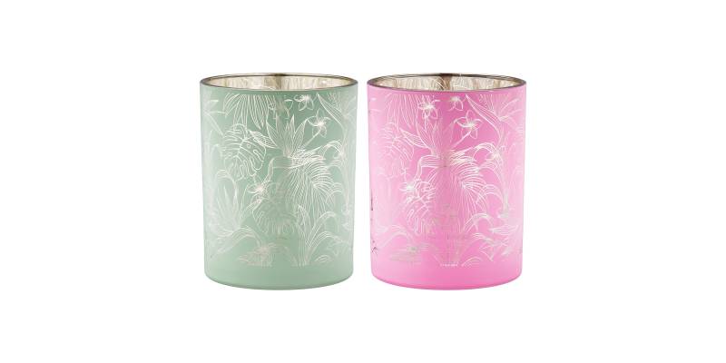 Φανάρι Καταιγίδας Cylindrical "Tropic" Leaf Motif Γυάλινο Πράσινο Pink PU 18 Pcs. Assorted H. cm D. 7 cm