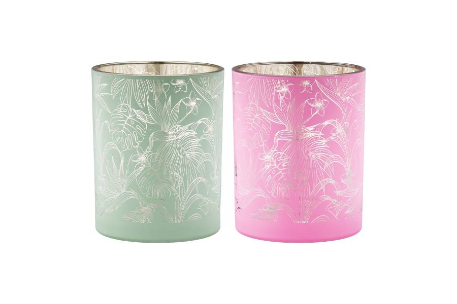 Φανάρι Καταιγίδας Cylindrical "Tropic" Leaf Motif Γυάλινο Πράσινο Pink PU 18 Pcs. Assorted H. cm D. 7 cm