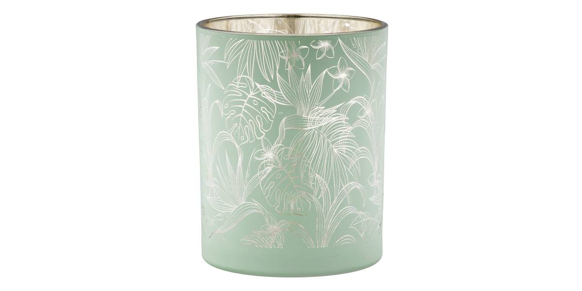 Φανάρι Καταιγίδας Cylindrical "Tropic" Leaf Motif Γυάλινο Πράσινο Pink PU 18 Pcs. Assorted H. cm D. 7 cm