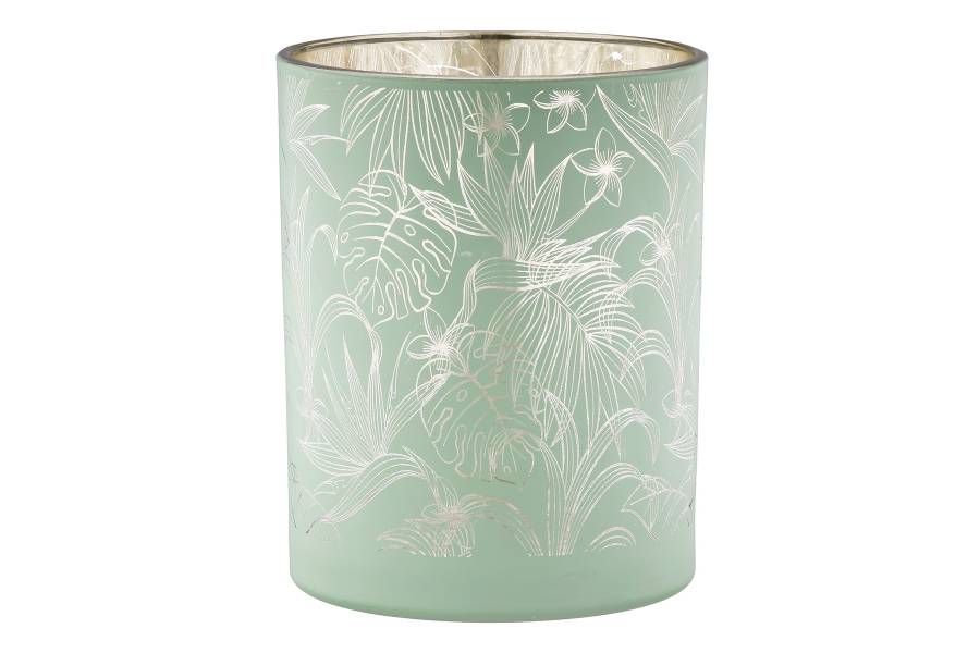 Φανάρι Καταιγίδας Cylindrical "Tropic" Leaf Motif Γυάλινο Πράσινο Pink PU 18 Pcs. Assorted H. cm D. 7 cm