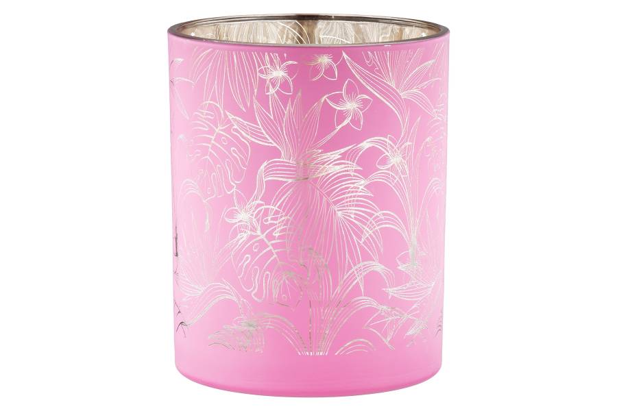 Φανάρι Καταιγίδας Cylindrical "Tropic" Leaf Motif Γυάλινο Πράσινο Pink PU 18 Pcs. Assorted H. cm D. 7 cm