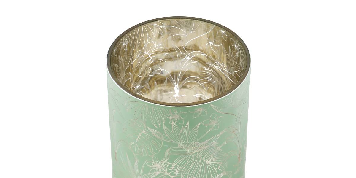 Φανάρι Καταιγίδας Cylindrical "Tropic" Leaf Motif Γυάλινο Πράσινο Pink PU 18 Pcs. Assorted H. cm D. 7 cm