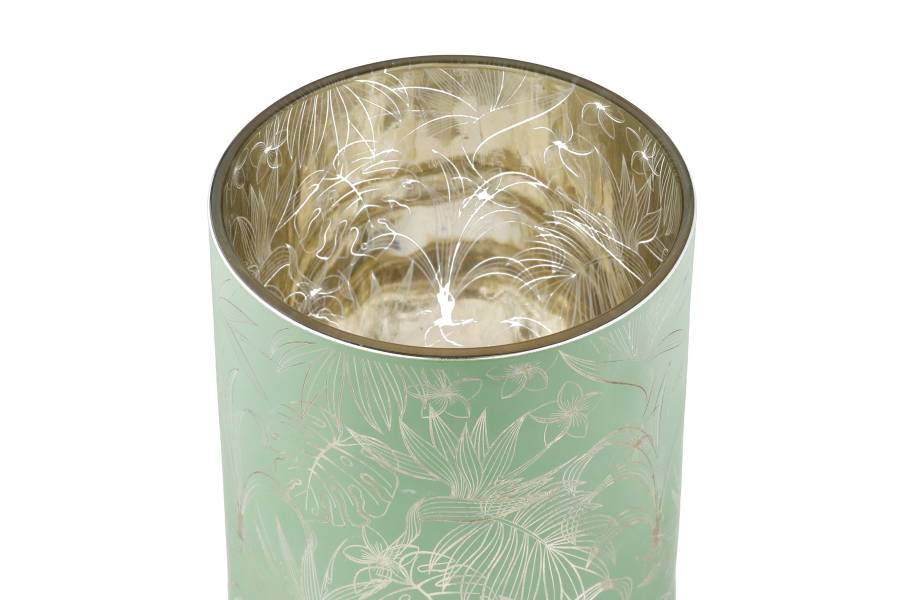 Φανάρι Καταιγίδας Cylindrical "Tropic" Leaf Motif Γυάλινο Πράσινο Pink PU 18 Pcs. Assorted H. cm D. 7 cm